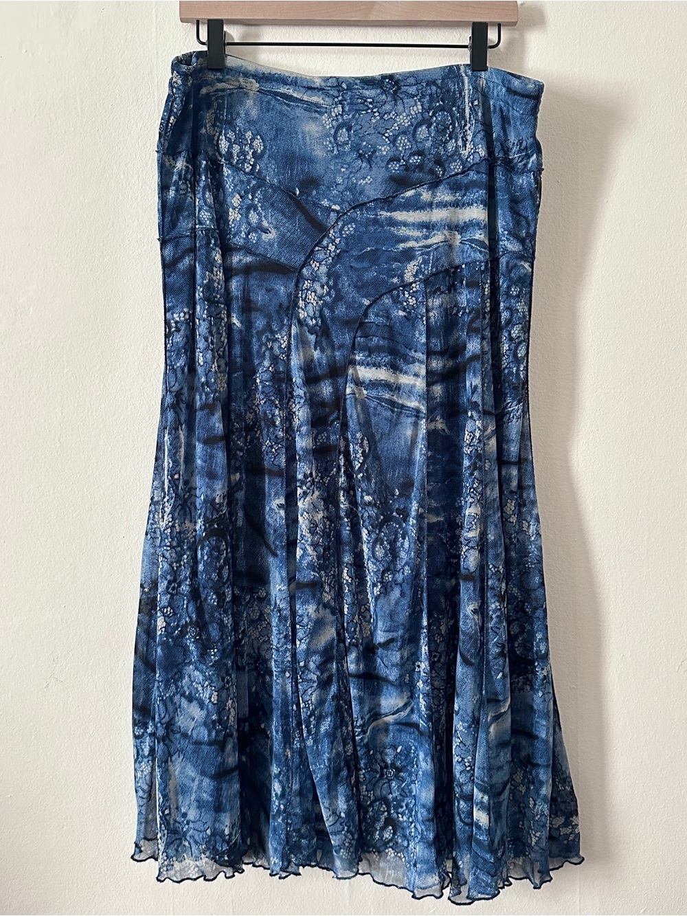 Vintage Coldwater Creek Blue Patchwork Stitched Flowing Midi Skirt, size M 10-12